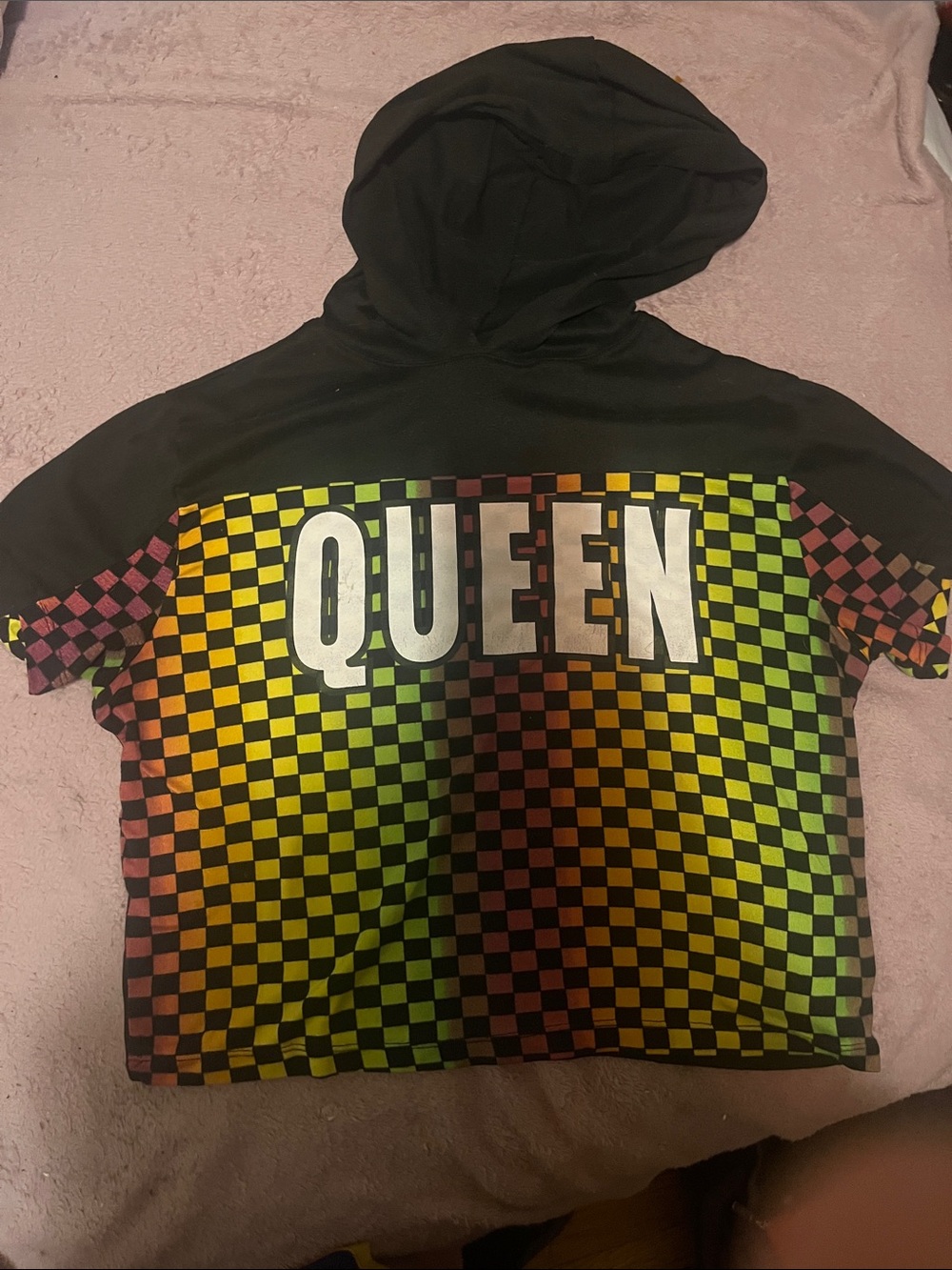 Que Black Hoodie with Yellow, Green, Red & Orange Checkerboard and QUEEN Print